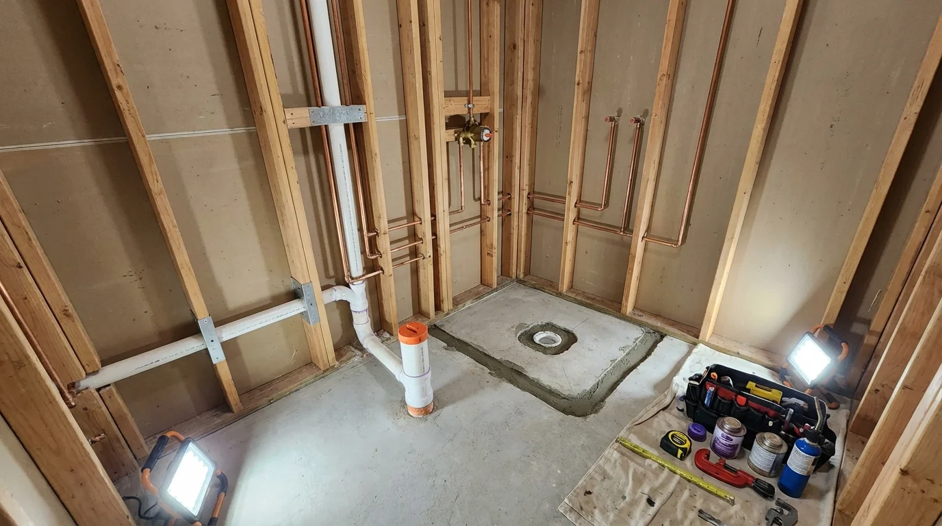 Bathroom rough-in plumbing during remodel by Johns Plumbing LLC in West Hartford