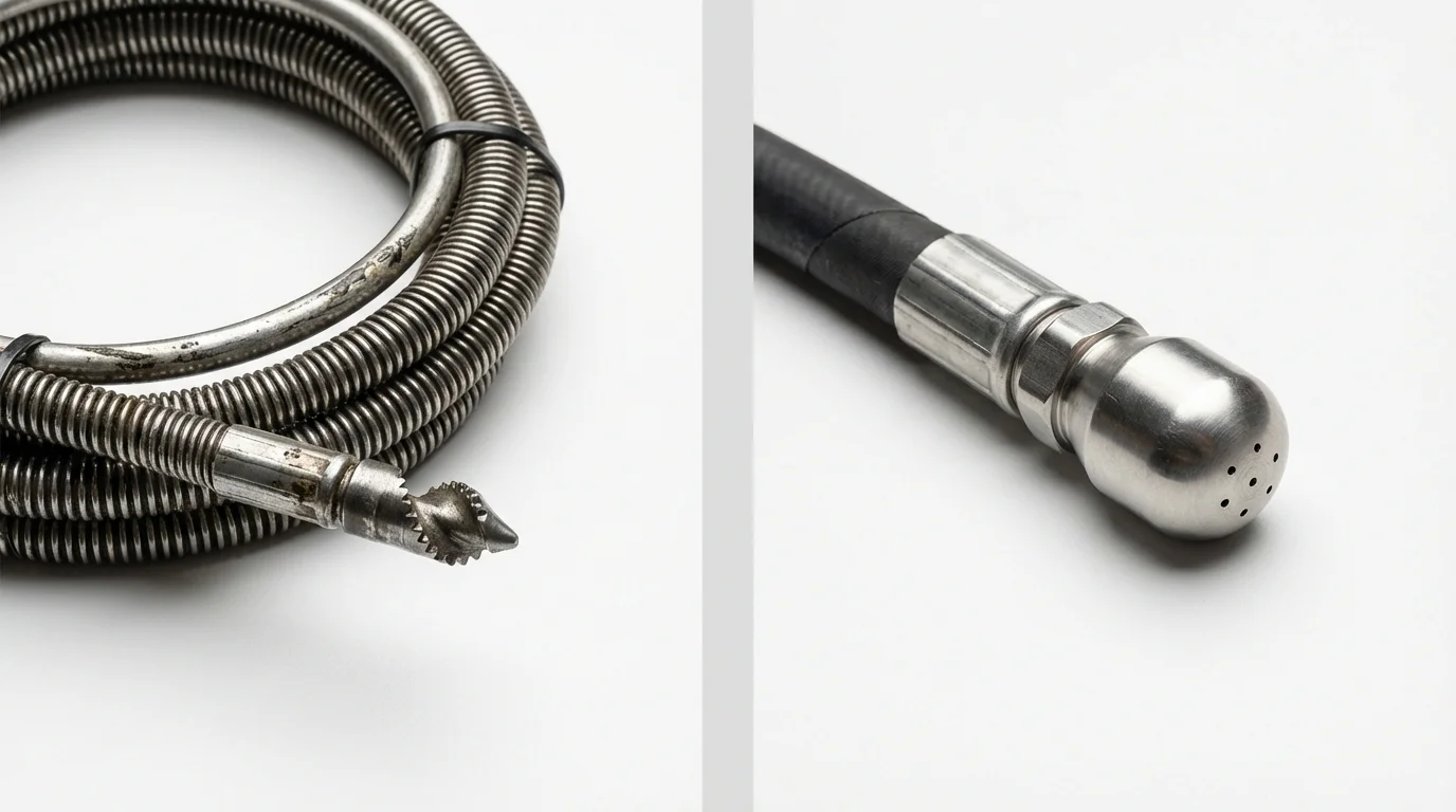 Drain snake cable and hydro jetting nozzle used for drain cleaning in West Hartford, CT
