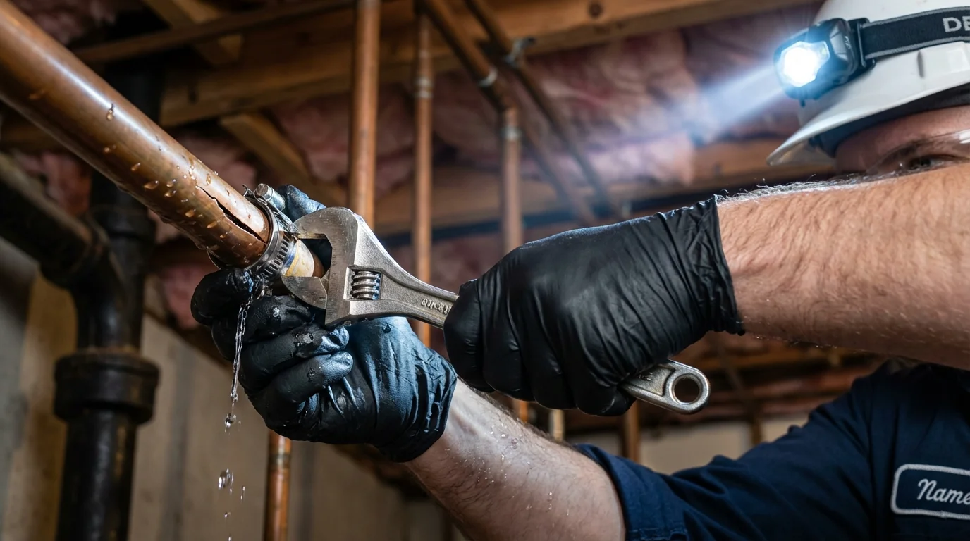 Emergency pipe clamp repair being performed by a Johns Plumbing LLC plumber in West Hartford