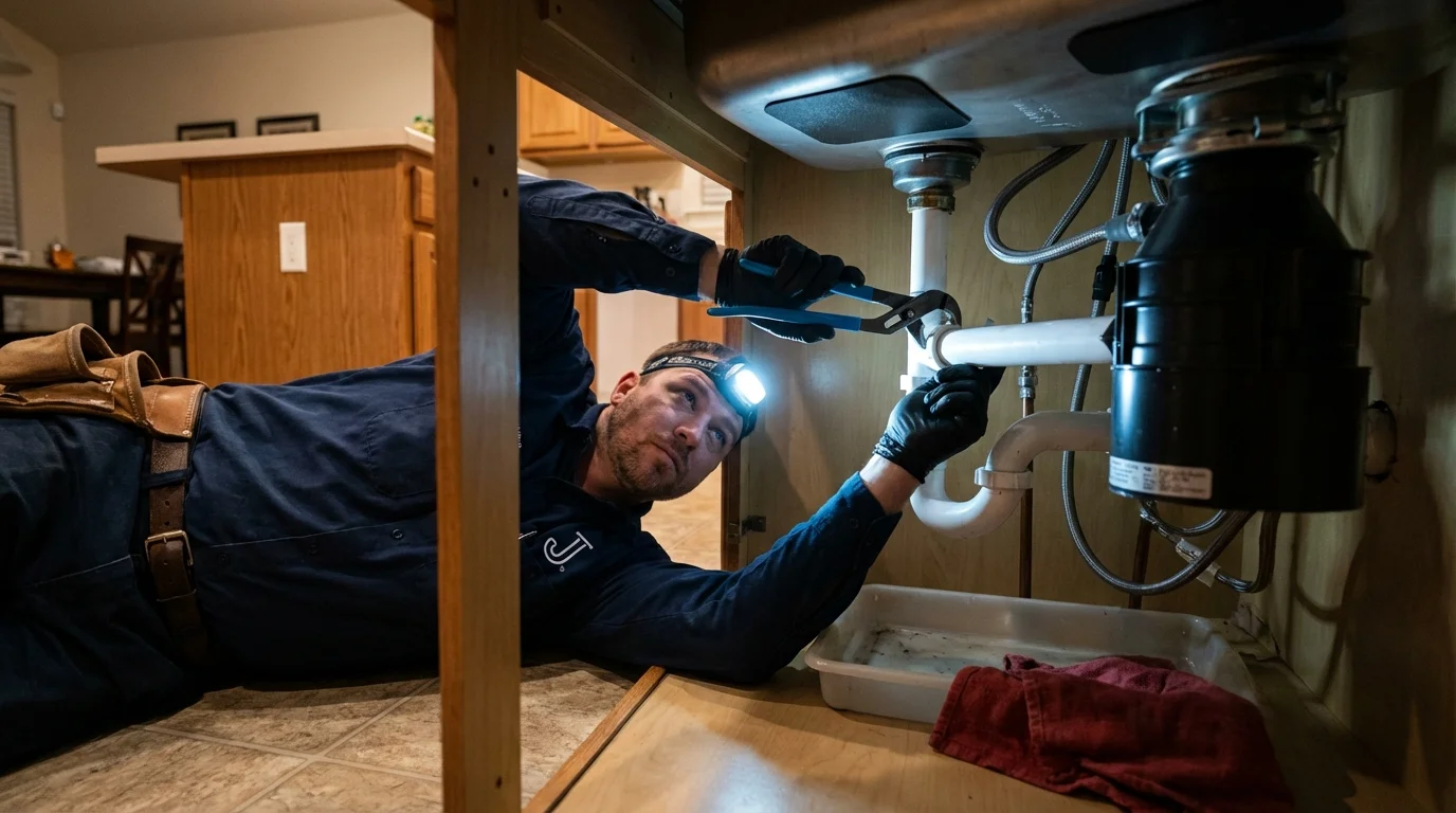 P-trap and supply line connections under a kitchen sink showing a common leak point in West Hartford, CT